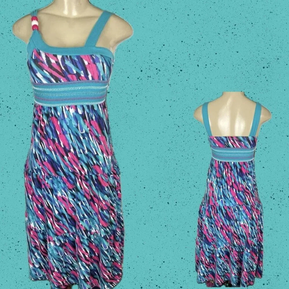 Candie's Girls M Teal-Pink Paint Splash Shirred Waist Beaded Strap Midi Sundress